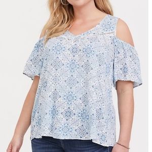 Blue medallion cold shoulder top
